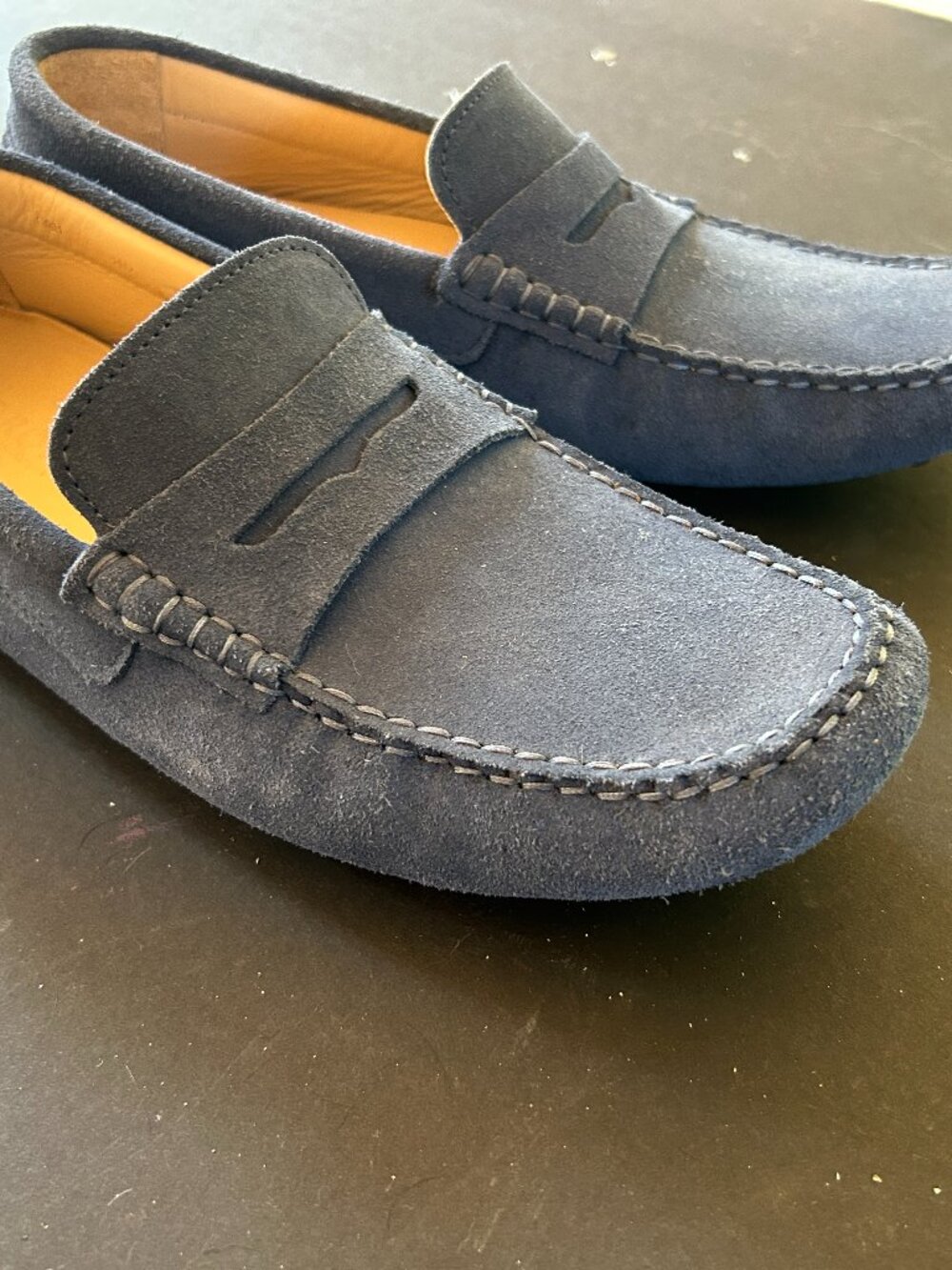 G Brown, handmade blue suede drivers, leather lined, size 11 narrow